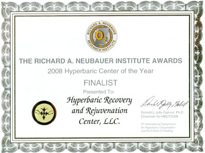 Center of the Year 2008 />

Patient advocacy like this is uncommon for some forms of adjunctive therapies, and it has not been overlooked. From Thursday July 24th to Saturday July 26th, 2008 the staff of Advanced Hyperbaric Recovery were sitting shoulder to shoulder with some of the most influential and revered physicians and medical professionals in Hyperbaric Medicine. The 6th International Symposium on Hyperbaric Medicine was held in Torrance, California and along with the 25+ hours of scheduled speakers, a special awards Gala Dinner highlighted the event. After two and a half years of successful operations and outcomes, Hyperbaric Recovery Center has recently been awarded Finalist for 